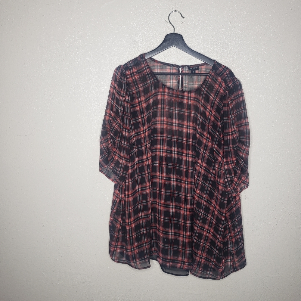 Torrid Sheer Plaid Ruched Blouse